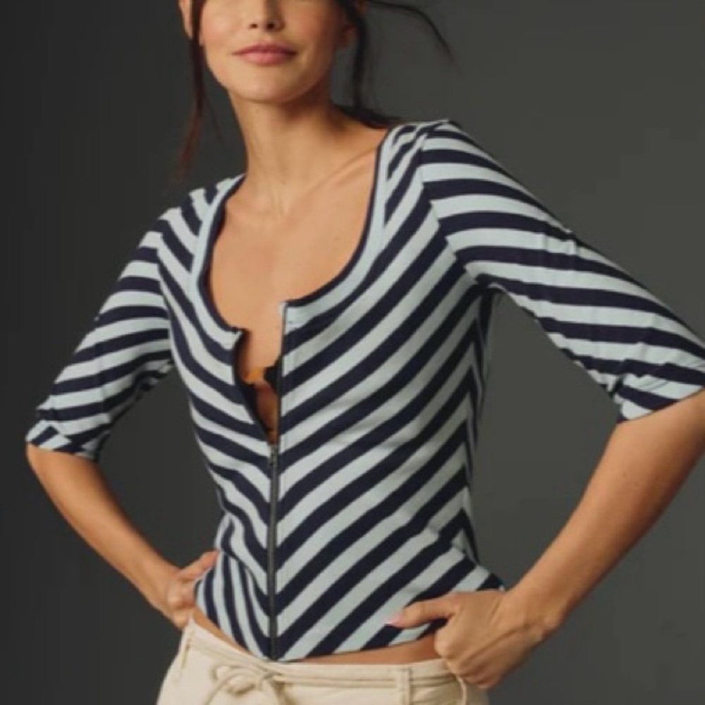 Anthropologie Maeve Front Zip Scoop-Neck Navy and White Striped top NWT